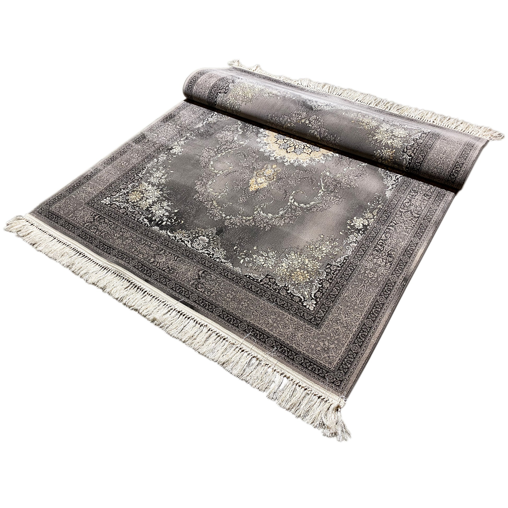 Grauer Woven Teppich mit goldenen Akzenten im traditionellen Design