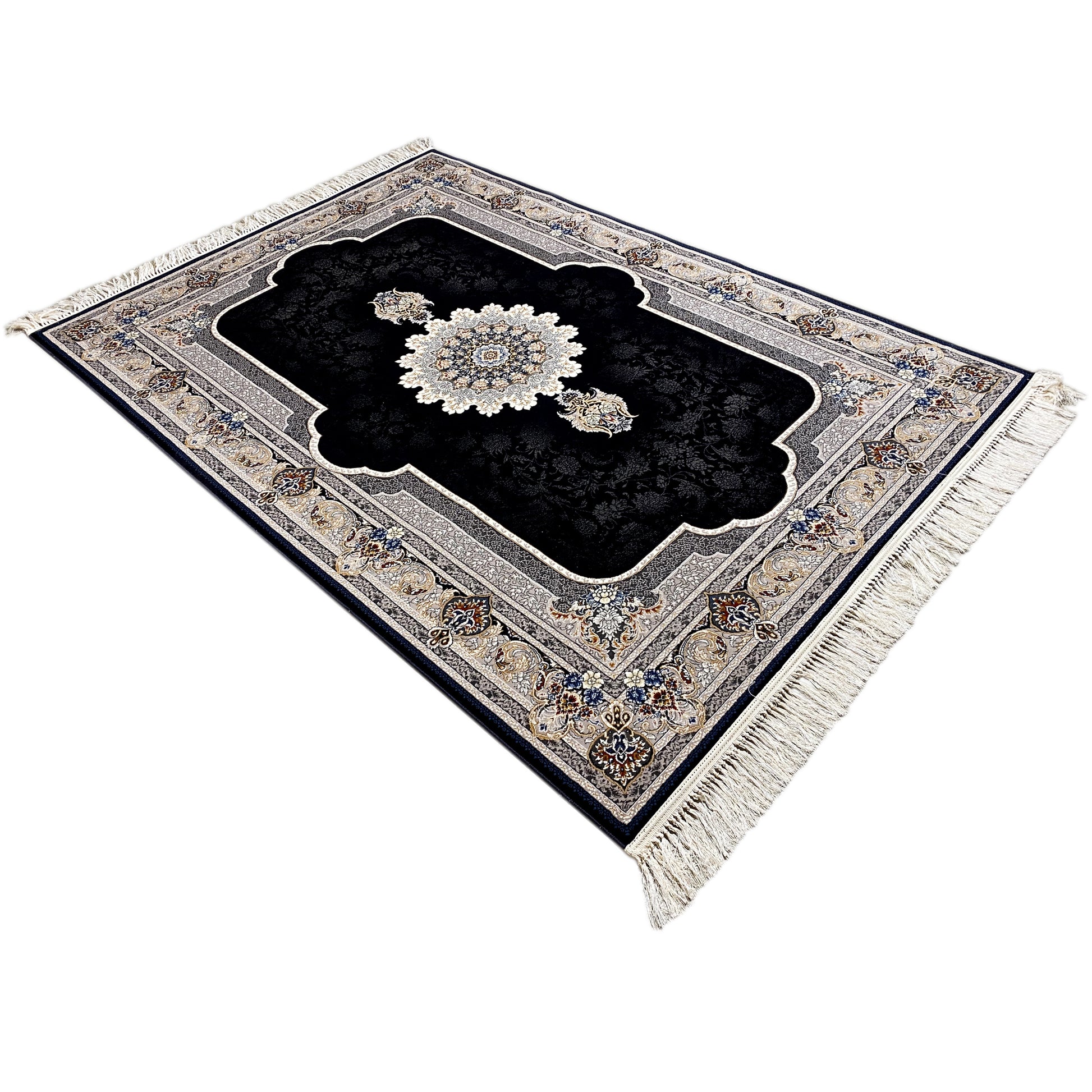 Pflegeleichter Teppich in Schwarz und Creme, maschinell gefertigt, geeignet für Fußbodenheizung