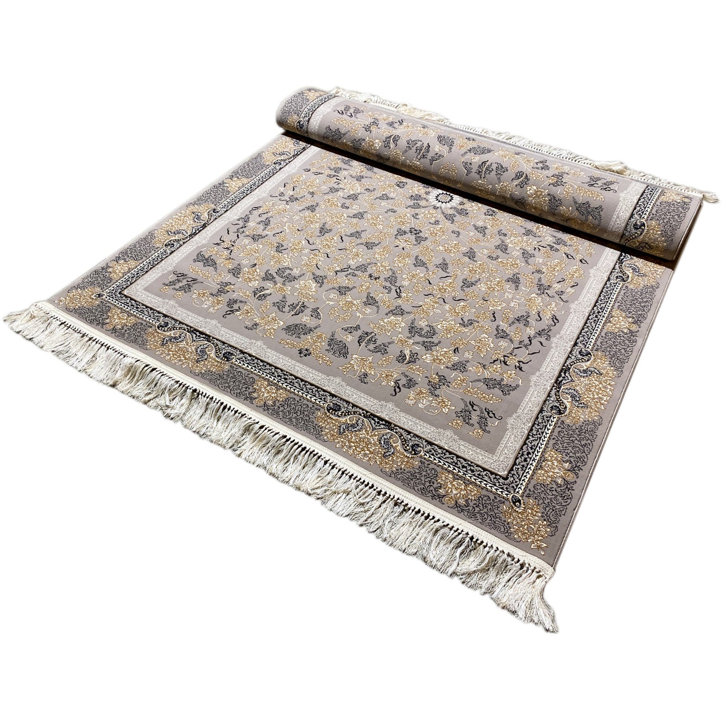 Klassischer Teppich aus Polypropylen, floral gewebt in Grau mit Medaillon, Rom Design.