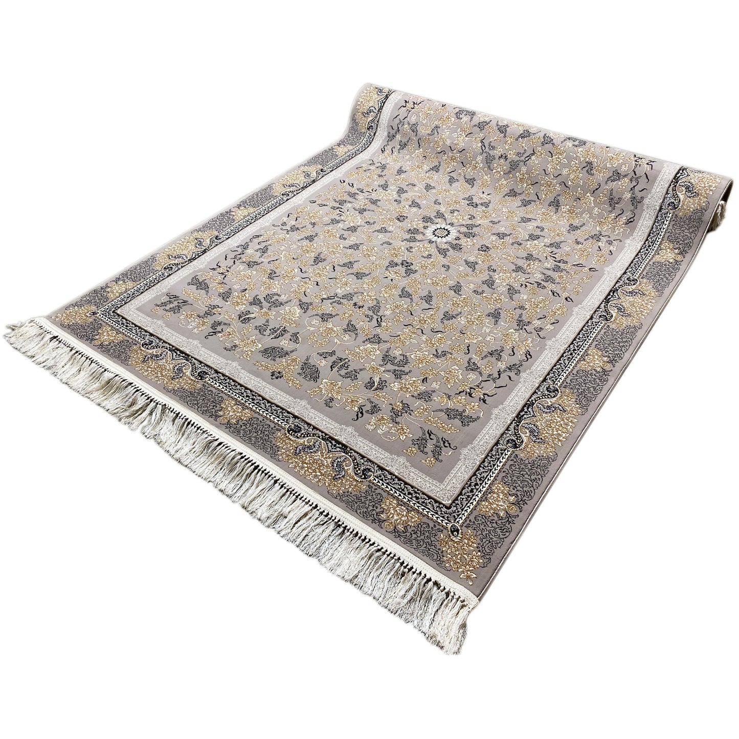 Gewebter Teppich mit floralem Medaillon Design in Grau, klassisch Rom.