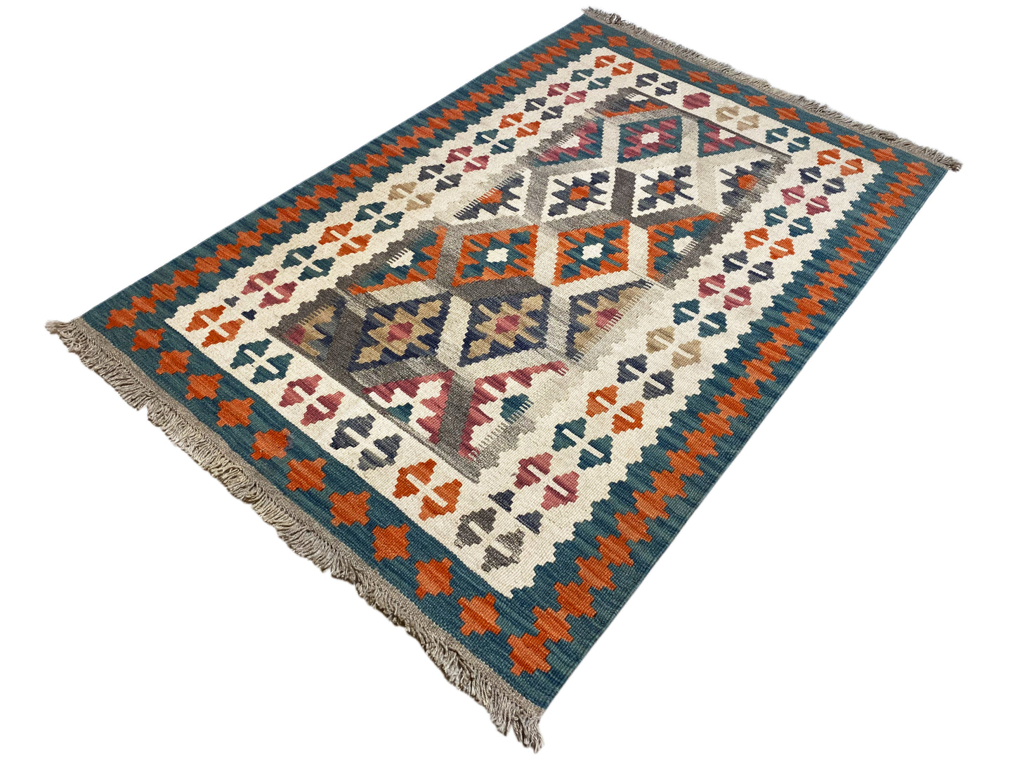 Kelim Teppich Naturwolle handgewebt, geometrische Formen in Blau und Orange