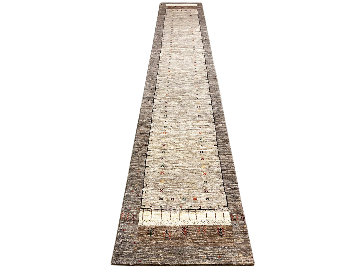 Schmaler Gabbeh Teppichläufer Beige/Grau, handgeknüpft, weiche Naturwolle